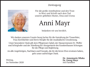 Todesanzeige von Anni Mayr von merkurtz