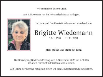 Todesanzeige von Brigitte Wiedemann von merkurtz