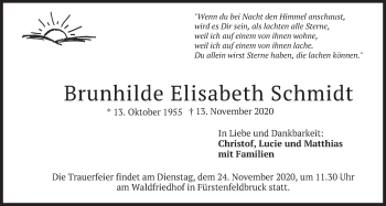 Todesanzeige von Brunhilde Elisabeth Schmidt von merkurtz