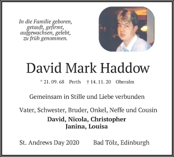 Todesanzeige von David Mark Haddow von merkurtz