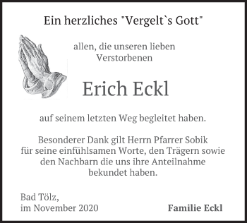 Todesanzeige von Erich Eckl von merkurtz