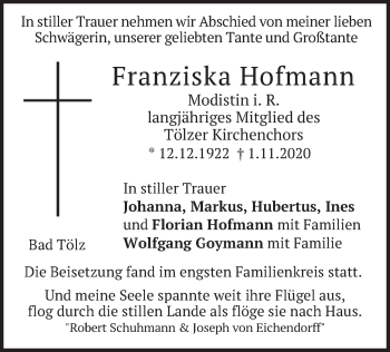 Todesanzeige von Franziska Hofmann von merkurtz