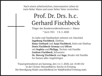 Todesanzeige von Gerhard Fischbeck von merkurtz