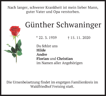 Todesanzeige von Günther Schwaninger von merkurtz
