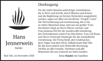 Todesanzeige von Hans Jennerwein von merkurtz