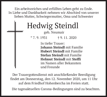 Todesanzeige von Hedwig Steindl von merkurtz