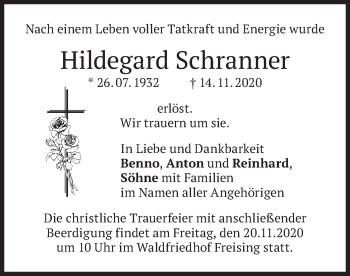Todesanzeige von Hildegard Schranner von merkurtz
