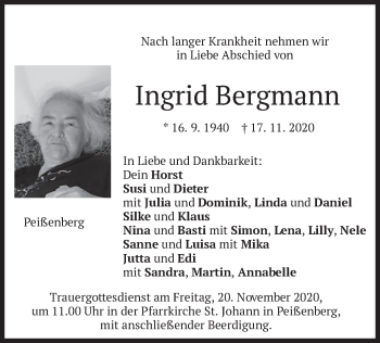 Todesanzeige von Ingrid Bergmann von merkurtz