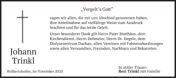 Todesanzeige von Johann Trinkl von merkurtz