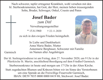 Todesanzeige von Josef Bader von merkurtz
