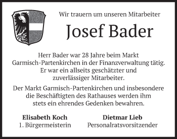 Todesanzeige von Josef Bader von merkurtz