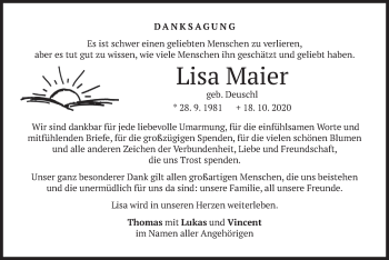 Todesanzeige von Lisa Maier von merkurtz