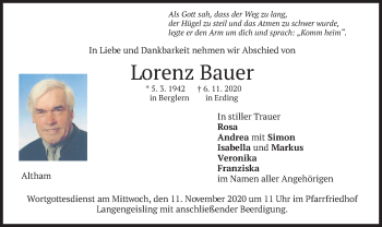 Todesanzeige von Lorenz Bauer von merkurtz