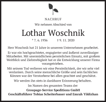 Todesanzeige von Lothar Woschnik von merkurtz