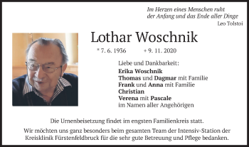 Todesanzeige von Lothar Woschnik von merkurtz