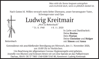 Todesanzeige von Ludwig Kreitmair von merkurtz