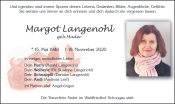 Todesanzeige von Margot Langenohl von merkurtz