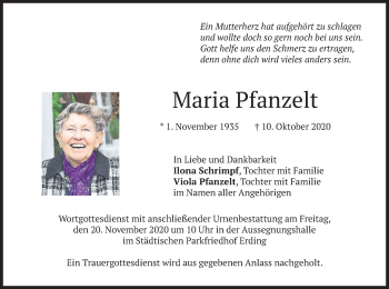 Todesanzeige von Maria Pfanzelt von merkurtz