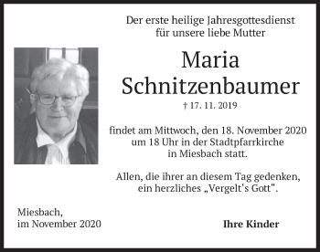 Todesanzeige von Maria Schnitzenbaumer von merkurtz