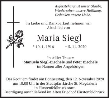 Todesanzeige von Maria Siegl von merkurtz