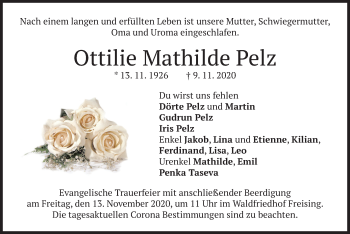 Todesanzeige von Ottilie Mathilde Pelz von merkurtz
