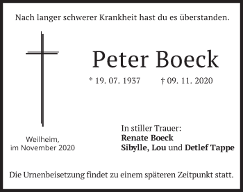 Todesanzeige von Peter Boeck von merkurtz