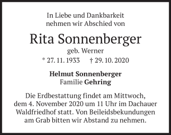 Todesanzeige von Rita Sonnenberger von merkurtz