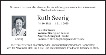 Todesanzeige von Ruth Seerig von merkurtz
