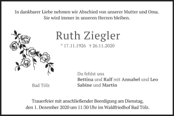 Todesanzeige von Ruth Ziegler von merkurtz