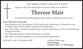 Todesanzeige von Therese Mair von merkurtz