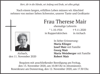 Todesanzeige von Therese Mair von merkurtz