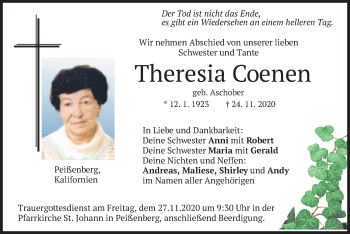 Todesanzeige von Theresia Coenen von merkurtz