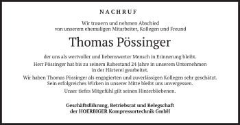 Todesanzeige von Thomas Pössinger von merkurtz