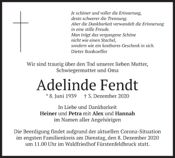 Todesanzeige von Adelinde Fendt von merkurtz