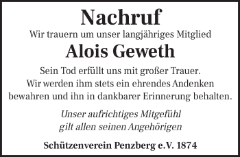 Todesanzeige von Alois Geweth von Das Gelbe Blatt Penzberg