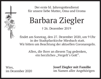 Todesanzeige von Barbara Ziegler von merkurtz