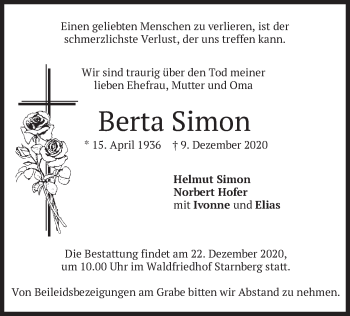 Todesanzeige von Berta Simon von merkurtz