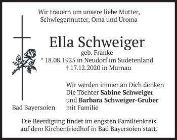 Todesanzeige von Ella Schweiger von merkurtz
