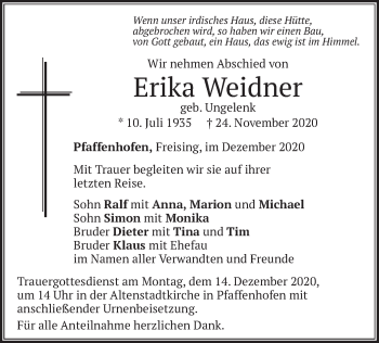 Todesanzeige von Erika Weidner von merkurtz