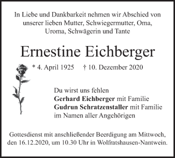 Todesanzeige von Ernestine Eichberger von merkurtz