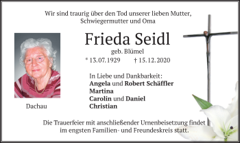 Todesanzeige von Frieda Seidl von merkurtz