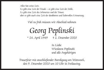 Todesanzeige von Georg Peplinski von merkurtz