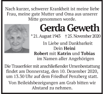 Todesanzeige von Gerda Geweih von merkurtz