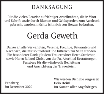 Todesanzeige von Gerda Geweth von merkurtz