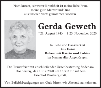 Todesanzeige von Gerda Geweth von Das Gelbe Blatt Penzberg