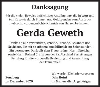 Todesanzeige von Gerda Geweth von Das Gelbe Blatt Penzberg