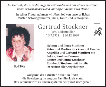 Todesanzeige von Gertrud Stockner von merkurtz