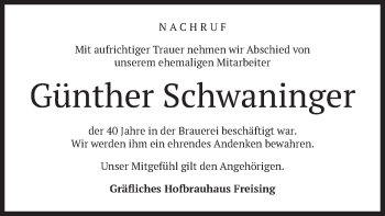 Todesanzeige von Günther Schwaninger von merkurtz