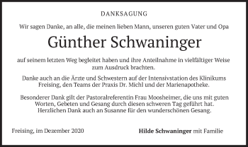 Todesanzeige von Günther Schwaninger von merkurtz