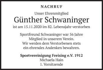 Todesanzeige von Günther Schwaninger von merkurtz